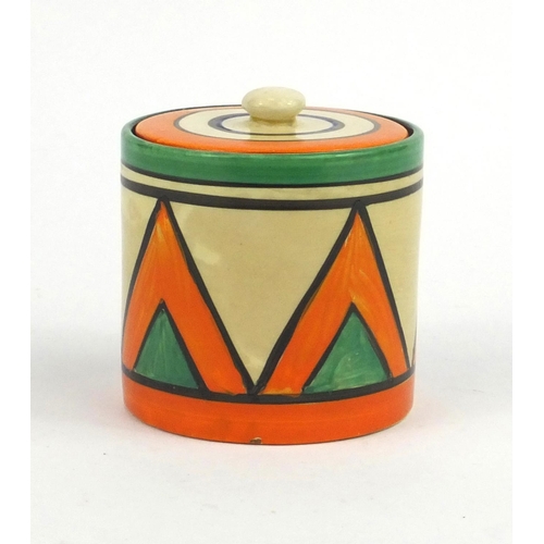 745 - Clarice Cliff bizarre jam pot and cover, hand painted with geometric shapes, factory marks to the ba... 