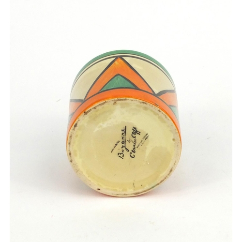 745 - Clarice Cliff bizarre jam pot and cover, hand painted with geometric shapes, factory marks to the ba... 