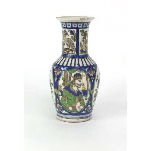 637 - Iznik pottery vase hand painted with panels of figures, animals and flowers within a foliate boarder... 