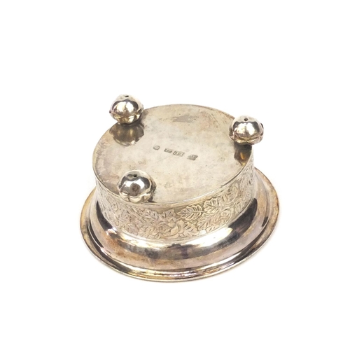 809 - Russian silver salt with gilt interior and raised on ball feet, decorated with a continuous band of ... 