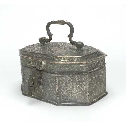 624 - Omani silver coloured metal spice box of hexagonal form, hinged lid opening to reveal a lift out tra... 