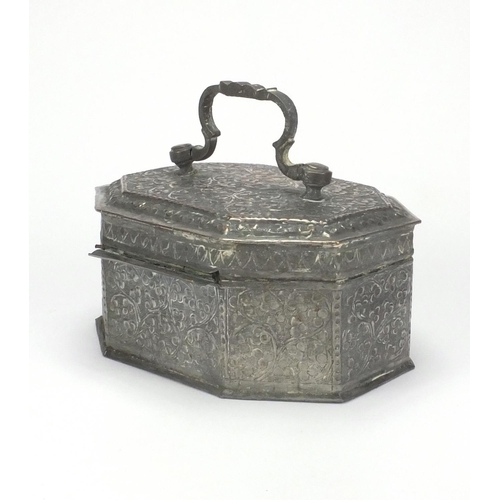 624 - Omani silver coloured metal spice box of hexagonal form, hinged lid opening to reveal a lift out tra... 