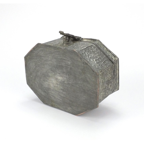 624 - Omani silver coloured metal spice box of hexagonal form, hinged lid opening to reveal a lift out tra... 