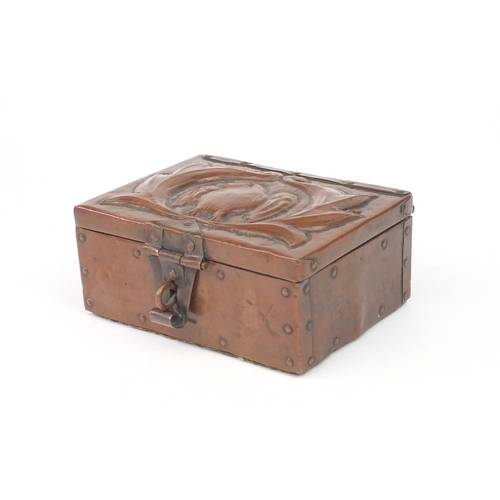 791 - Arts & Crafts copper box by John Pearson, the hinged lid embossed with stylised bird on a branch, in... 