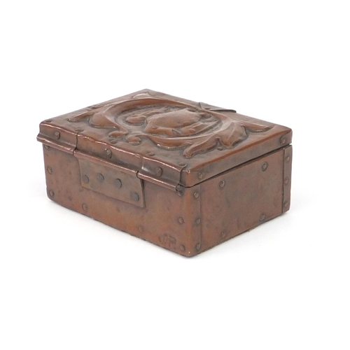 791 - Arts & Crafts copper box by John Pearson, the hinged lid embossed with stylised bird on a branch, in... 