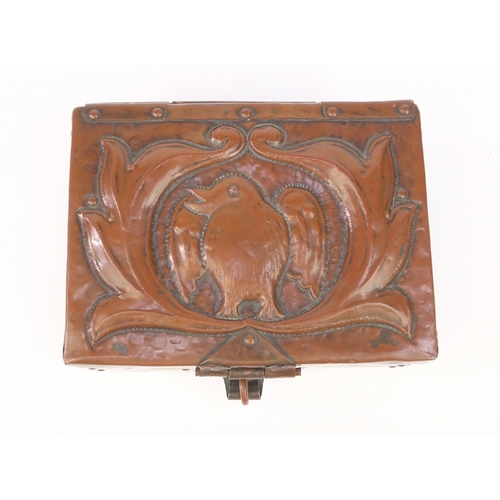 791 - Arts & Crafts copper box by John Pearson, the hinged lid embossed with stylised bird on a branch, in... 