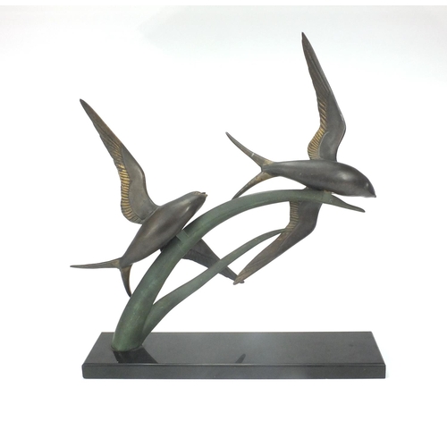 782 - Art Deco bronze sculpture of two swallows in flight by Irénée Rochard, raised on a rectangular black... 