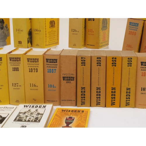 137 - Large collection of 1940's and later Wisden Cricketers Almanacks, together with three Wisden soft ba... 