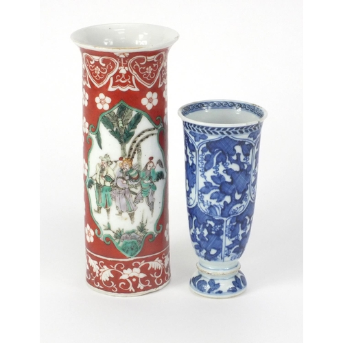 476 - Two Chinese porcelain vases comprising a cylindrical example hand painted in the famille vert palett... 