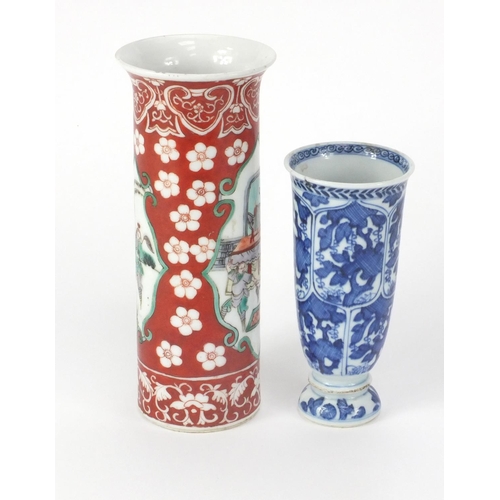 476 - Two Chinese porcelain vases comprising a cylindrical example hand painted in the famille vert palett... 