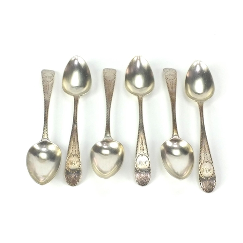 875 - Set of six Georgian Irish silver spoons, indistinct hallmarks, 16cm long, approximate weight 132.0g