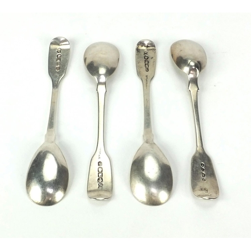 884 - Set of three Victorian Irish silver spoons and one similar example, 12.5cm long, approximate weight ... 