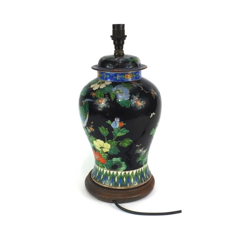 480 - Chinese porcelain baluster vase and cover table lamp, hand painted in the famille noir palette with ... 