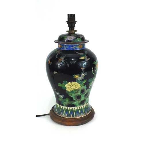 480 - Chinese porcelain baluster vase and cover table lamp, hand painted in the famille noir palette with ... 