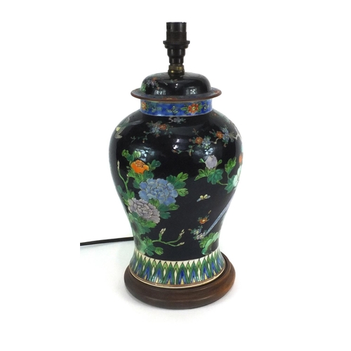 480 - Chinese porcelain baluster vase and cover table lamp, hand painted in the famille noir palette with ... 