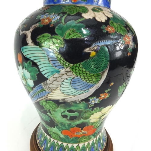 480 - Chinese porcelain baluster vase and cover table lamp, hand painted in the famille noir palette with ... 