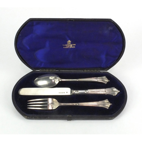 885 - Victorian silver three piece chrisening set comprising knife, fork and spoon, housed in a velvet lin... 