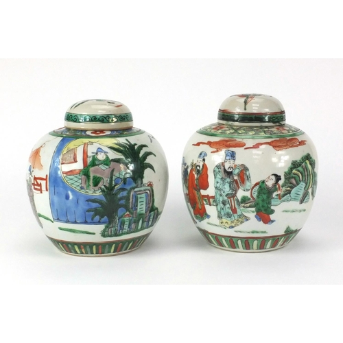 475 - Two Chinese porcelain ginger jar and covers, each hand painted in the famille verte palette with fig... 