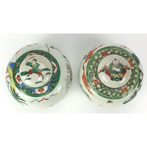 475 - Two Chinese porcelain ginger jar and covers, each hand painted in the famille verte palette with fig... 