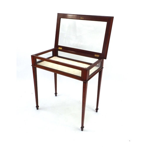 2004 - Edwardian inlaid mahogany table top display cabinet on tapering legs, 77cm high x 74cm wide x 45cm d... 