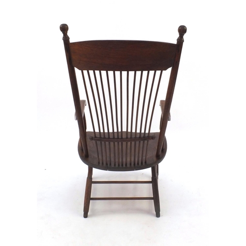 2046 - Arts & Crafts oak spindle back chair, 101cm high