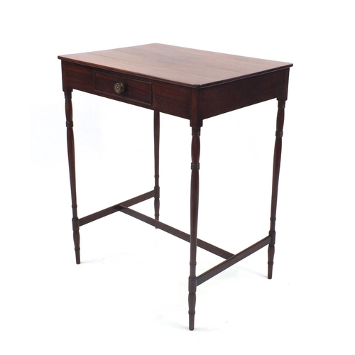 2054 - Regency mahogany side table with frieze drawer on spindle turned legs, 75m high x 60cm wide x 44cm d... 