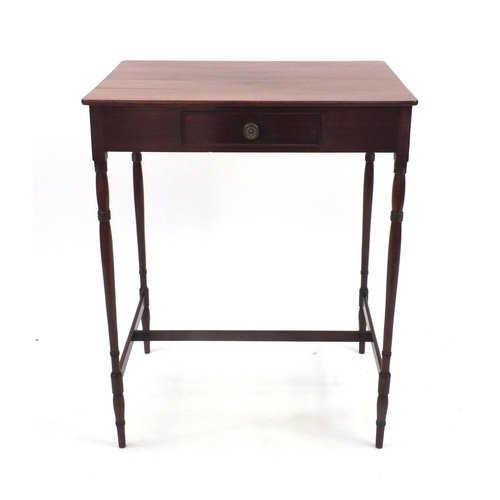 2054 - Regency mahogany side table with frieze drawer on spindle turned legs, 75m high x 60cm wide x 44cm d... 