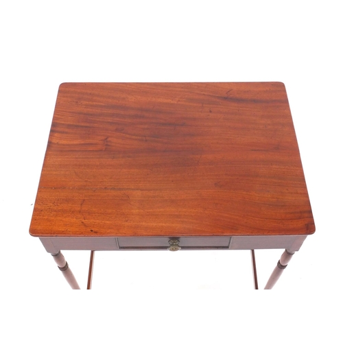 2054 - Regency mahogany side table with frieze drawer on spindle turned legs, 75m high x 60cm wide x 44cm d... 