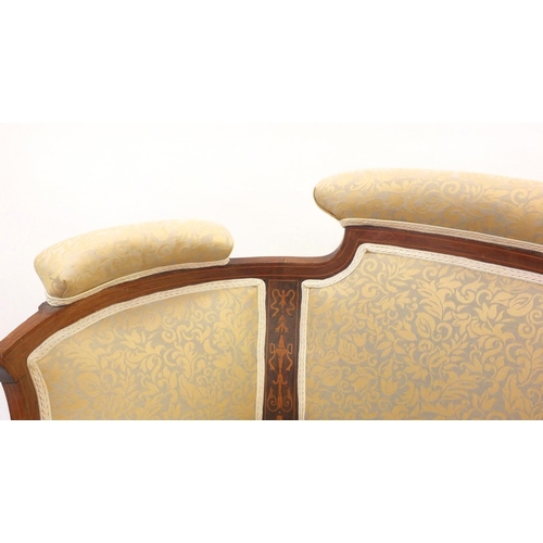 2030 - Pair of Edwardian inlaid rosewood tub chairs with panel upholstered backs and upholstered stuff over... 