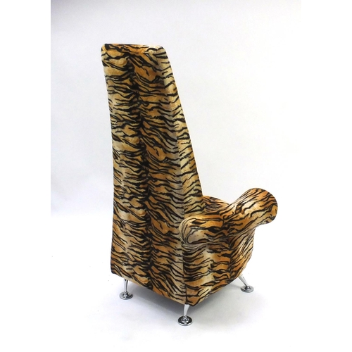 2038 - Stylish tiger print upholstered chair with chrome feet, 121cm high