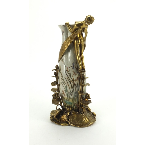 2162 - Art Nouveau style vase with gilt metal mount fairy, lily pad and frog design mount, the vase hand pa... 