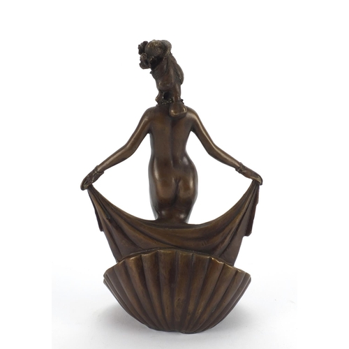 2304 - Bronze study of a nude Geisha girl standing on a shell, 27cm high