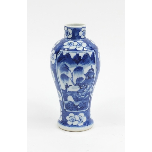 2298 - Chinese blue and white porcelain baluster vase, hand painted with panels of figures onto a prunus gr... 