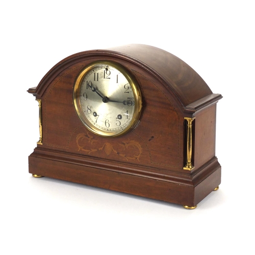 2216 - Edwardian inlaid mahogany dome topped mantle clock with brass columns, silvered dial and Arabic nume... 