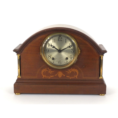 2216 - Edwardian inlaid mahogany dome topped mantle clock with brass columns, silvered dial and Arabic nume... 