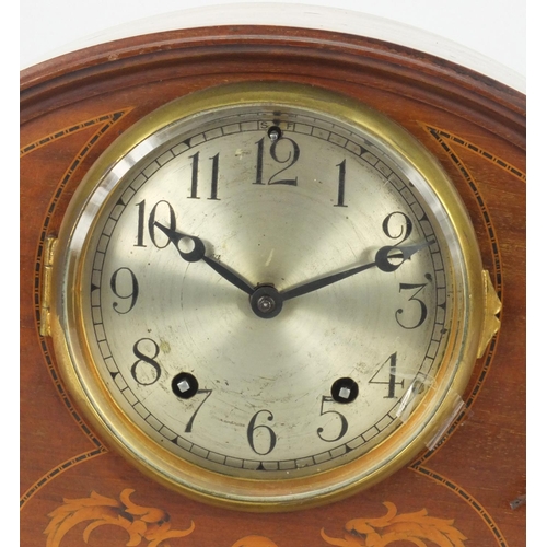 2216 - Edwardian inlaid mahogany dome topped mantle clock with brass columns, silvered dial and Arabic nume... 