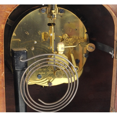 2216 - Edwardian inlaid mahogany dome topped mantle clock with brass columns, silvered dial and Arabic nume... 