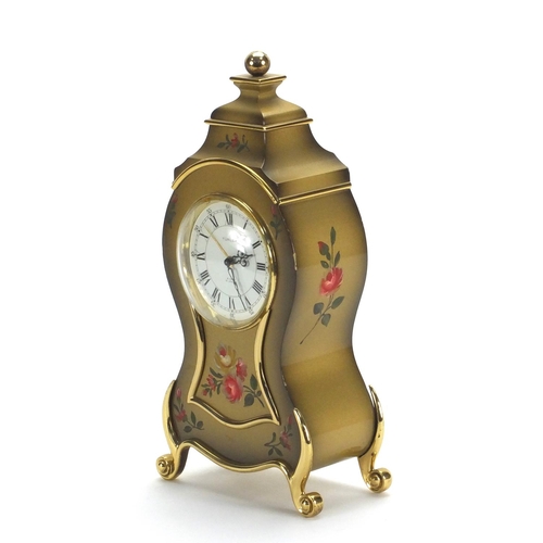 2187 - Türler eight day Swiss music box mantle clock hand painted with flowers, numbered 1081164, 25cm high