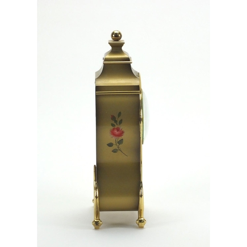 2187 - Türler eight day Swiss music box mantle clock hand painted with flowers, numbered 1081164, 25cm high