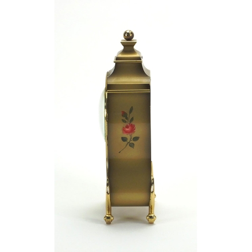 2187 - Türler eight day Swiss music box mantle clock hand painted with flowers, numbered 1081164, 25cm high