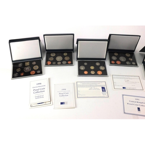 2553 - Six United Kingdom proof coin collections by The Royal Mint comprising dates 1990, 1991, 1994, 1996,... 