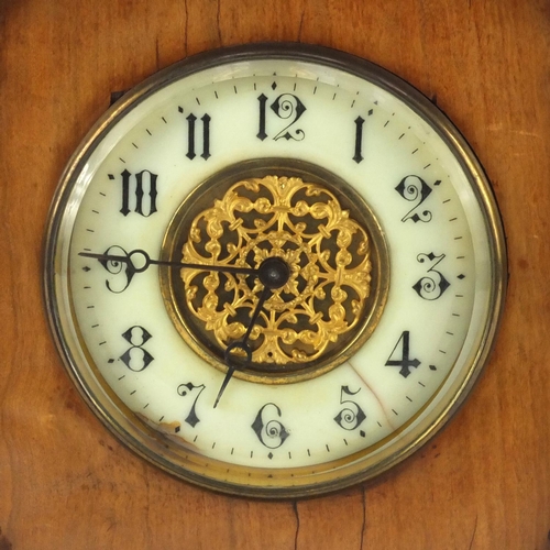 2167 - Edwardian walnut mantle clock with enamelled dial and Arabic numerals, the movement stamped R & Co P... 