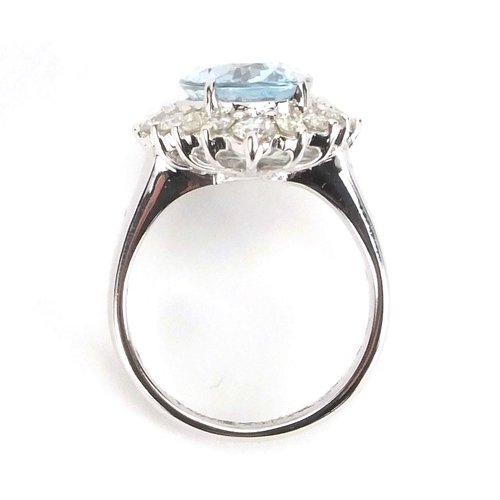 925 - 18ct white gold aquamarine and diamond ring, size M, approximate weight 7.4g