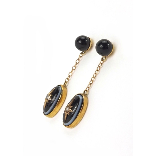 937 - Pair of unmarked gold agate and seed pearl drop earrings, 3.5cm long, approximate weight 3.8g