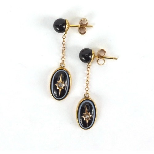 937 - Pair of unmarked gold agate and seed pearl drop earrings, 3.5cm long, approximate weight 3.8g