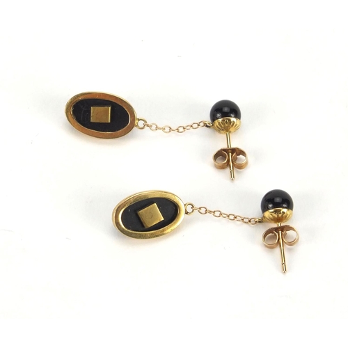 937 - Pair of unmarked gold agate and seed pearl drop earrings, 3.5cm long, approximate weight 3.8g