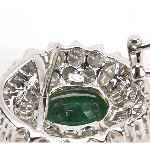 897 - Pair of 18ct white gold emerald and diamond earrings, 2cm long, approximate weight 12.4g