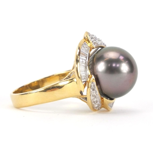 919 - 18ct gold black Tahiti pearl and diamond ring with certificate, size O, approximate weight 8.0g