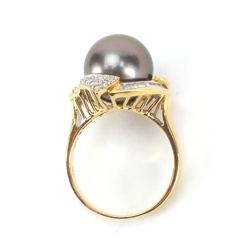 919 - 18ct gold black Tahiti pearl and diamond ring with certificate, size O, approximate weight 8.0g