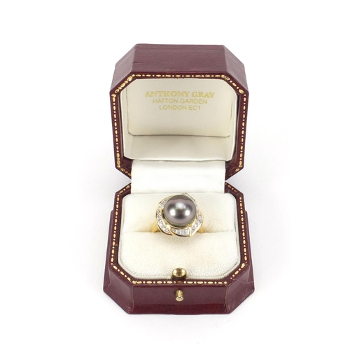 919 - 18ct gold black Tahiti pearl and diamond ring with certificate, size O, approximate weight 8.0g